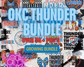 Peut inclure: Graphique d'un ensemble OKC Thunder avec divers motifs, dont un ballon de basket, un taureau portant des lunettes de soleil et les mots "OKC Thunder Bundle" en bleu. Le fond présente un motif noir et blanc.