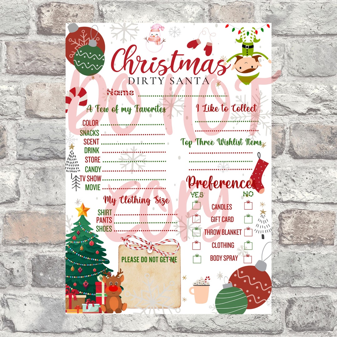 Printable Dirty Santa Questionnaire Christmas Holiday Fun - Etsy