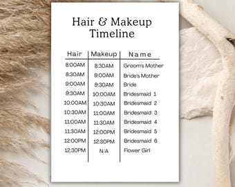 Vorlage für einen Zeitplan für Haare und Make-up am Hochzeitstag (bearbeitbar, Canva) – Druckbarer Braut-Beauty-Plan – Ablaufplaner für den Hochzeitsmorgen – Glamour-Tag