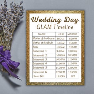 Braut Haare und Make-up-Timeline Hochzeitstag Goldhochzeit Glam Stundenplan Brautjungfer Reiseplan Bearbeitbare Vorlage Haar Make-up-Timeline-Download