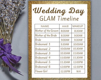 Braut Haare und Make-up-Timeline Hochzeitstag Goldhochzeit Glam Stundenplan Brautjungfer Reiseplan Bearbeitbare Vorlage Haar Make-up-Timeline-Download