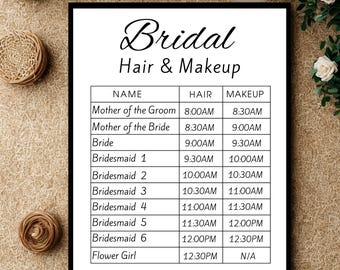 Druckbarer Ablaufplan für den Hochzeitstag: Zeitplan für Haare und Make-up mit Zeitfenstern für Brautjungfern und Trauzeugen (Canva-Vorlage)