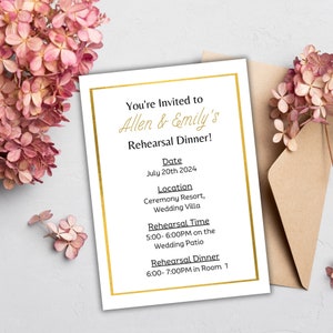 Modèle Canva modifiable d&#39;invitation pour le dîner de répétition Détails de la répétition du mariage Inviter des informations sur la répétition pour la chronologie des répétitions du mariage