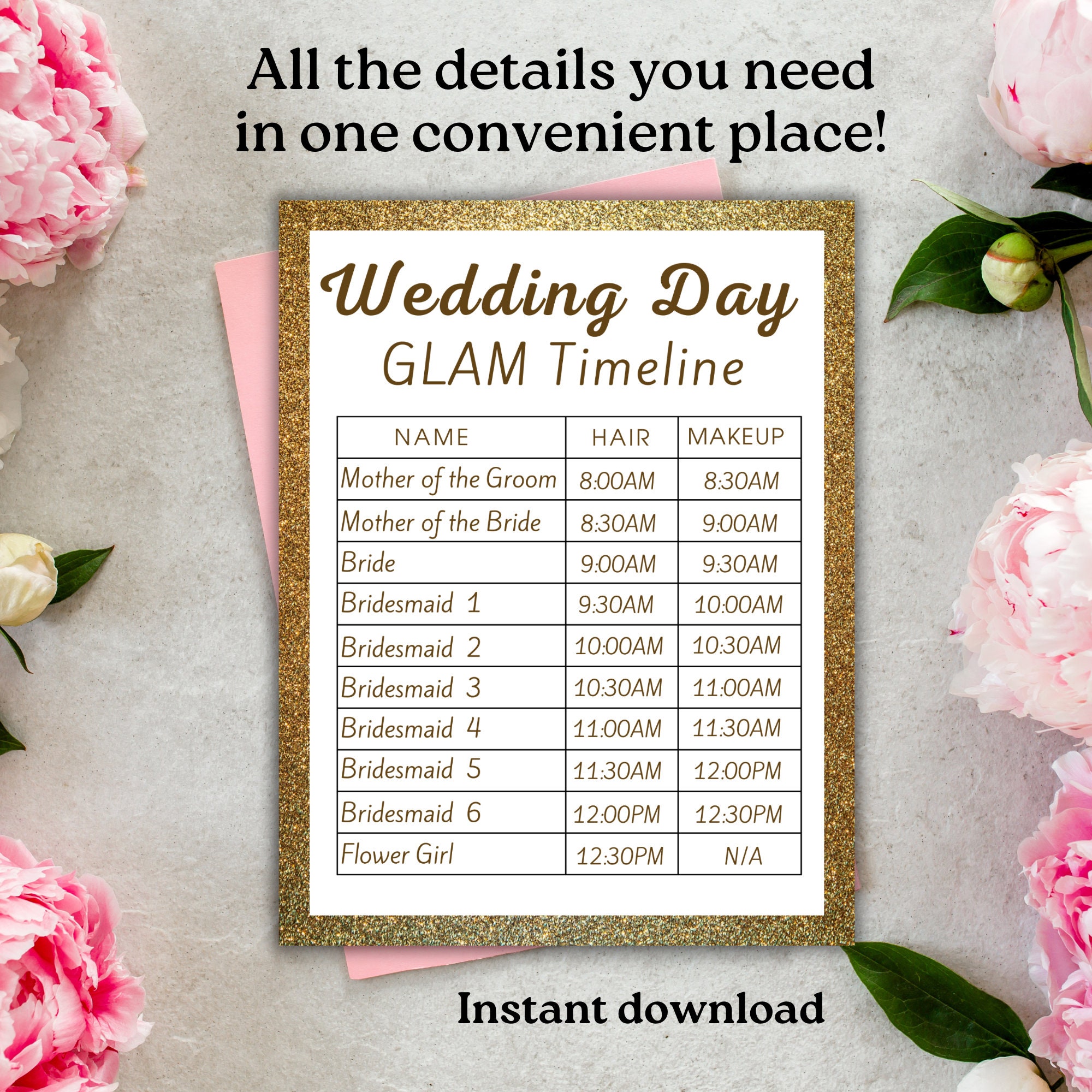 Wedding GLAM Hair and Makeup Timeline Printable Wedding Day Itinerary ...