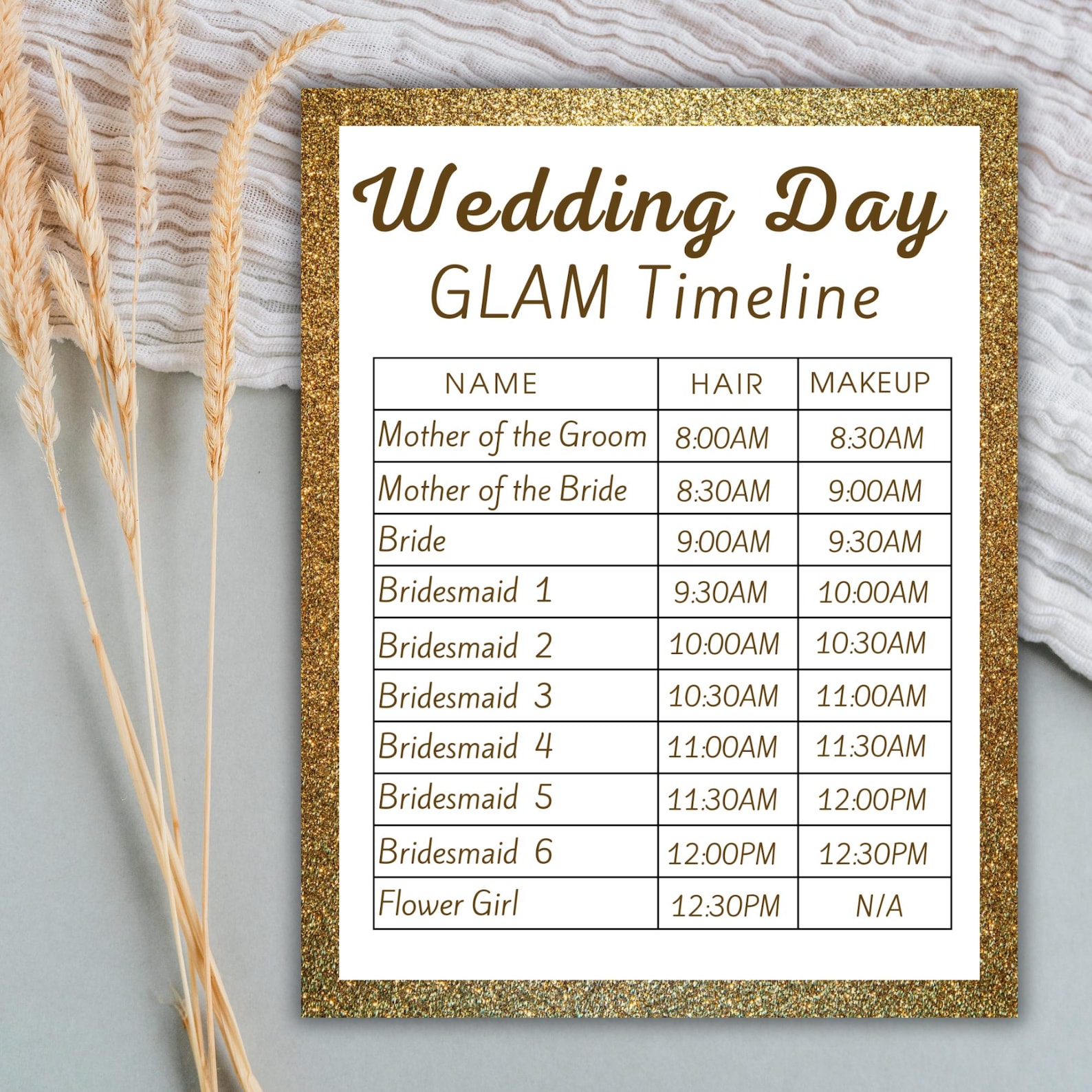 Bridal Hair and Makeup Timeline Wedding Day Gold Wedding Glam Schedule ...
