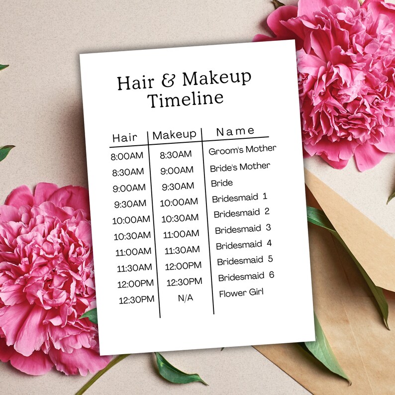 Hair and Makeup Timeline Printable Wedding Planning Wedding Day