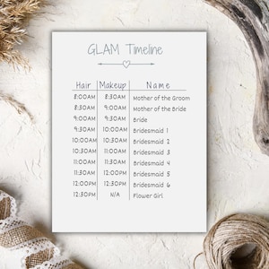 Wedding Party Glam Timeline Printable Wedding Day Itinerary Digital Hair Makeup Schedule Hair and Makeup Timeline for Bridal Party Template