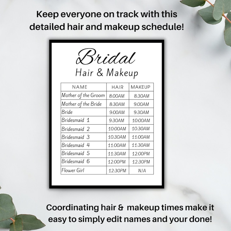 Printable Wedding Day Itinerary Hair Makeup Schedule With Bridal Party ...