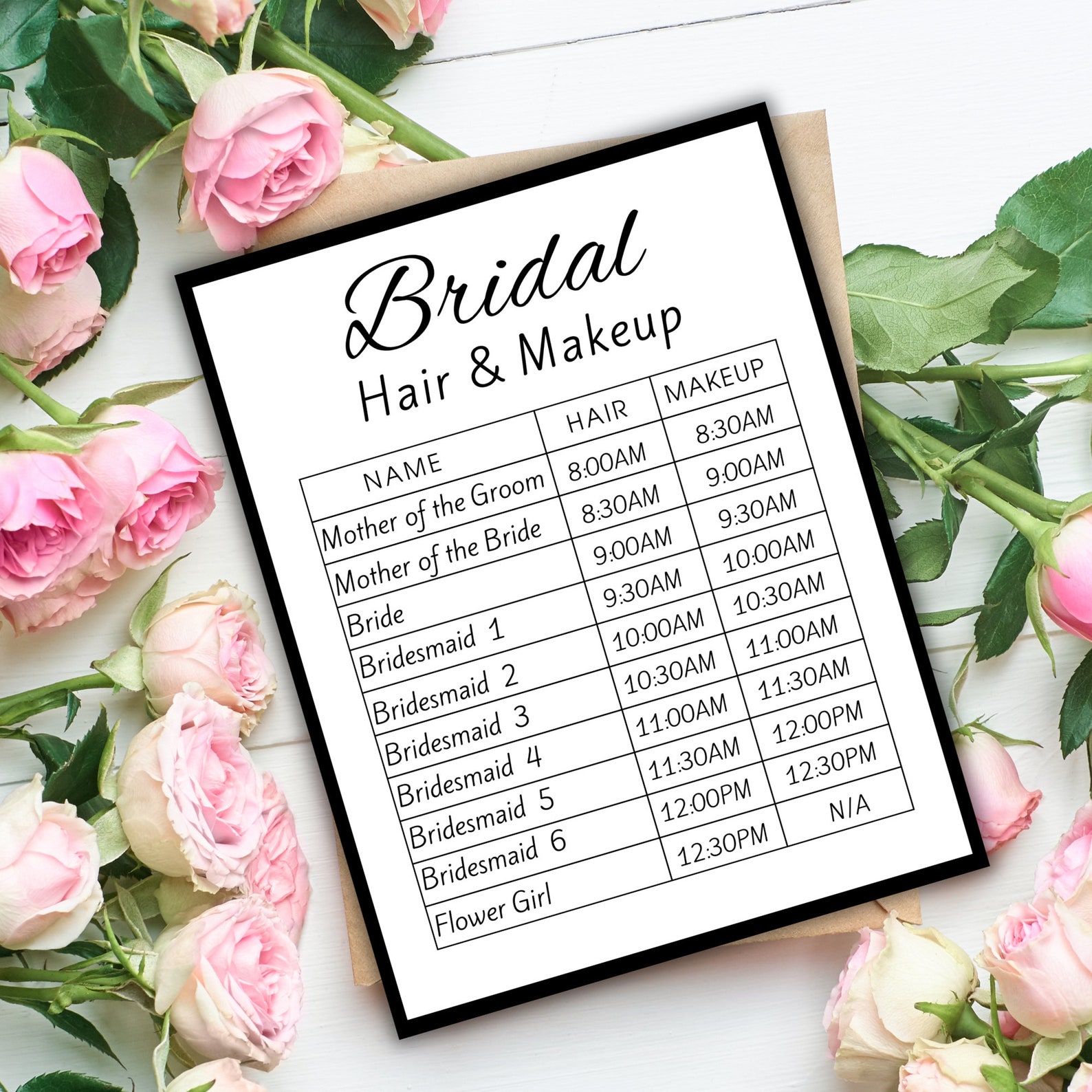 Printable Wedding Day Itinerary Hair Makeup Schedule With Bridal Party ...