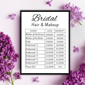 Printable Wedding Day Itinerary Hair Makeup Schedule With Bridal Party ...