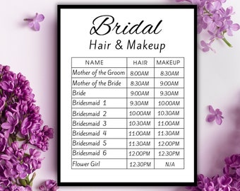 Wedding GLAM Hair and Makeup Timeline Printable Wedding Day Itinerary ...