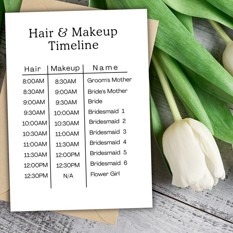 Hair and Makeup Timeline Printable Wedding Planning Wedding Day