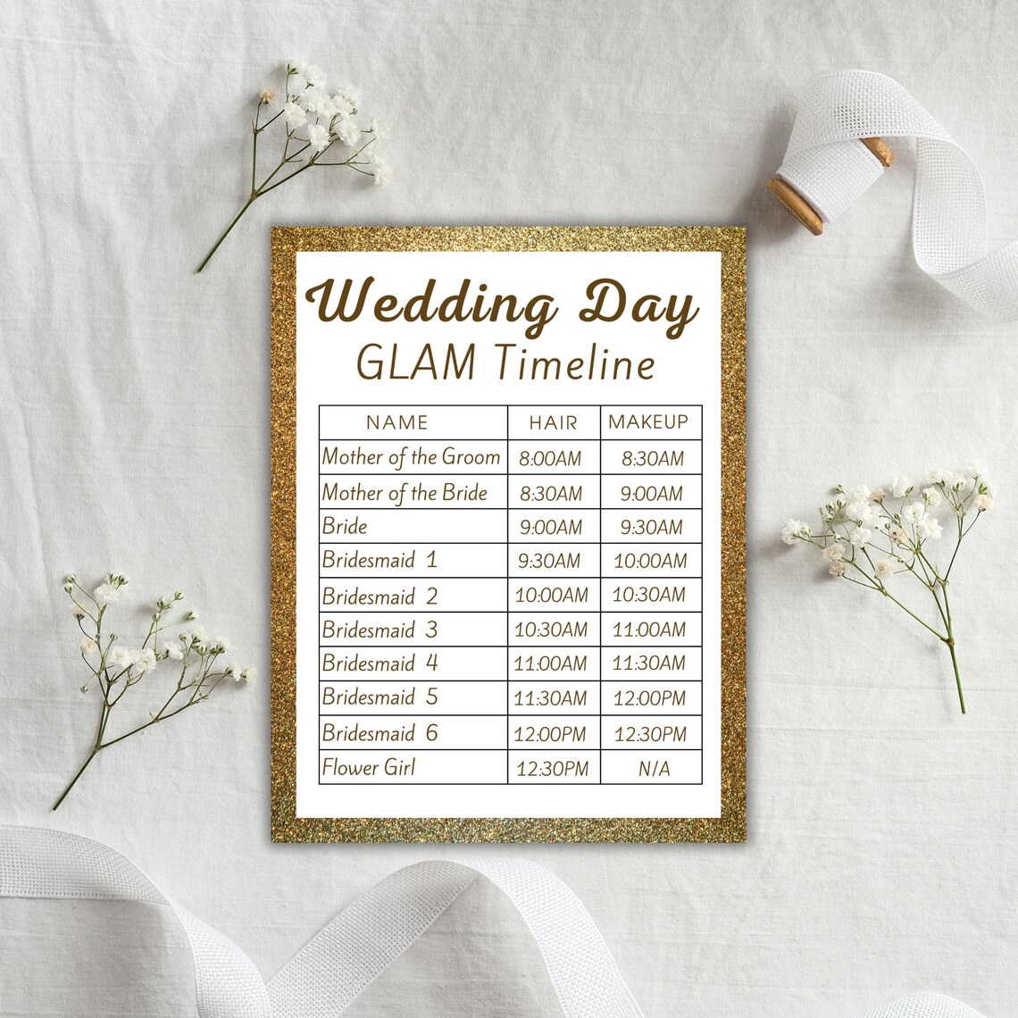 Bridal Hair and Makeup Timeline Wedding Day Gold Wedding Glam Schedule ...