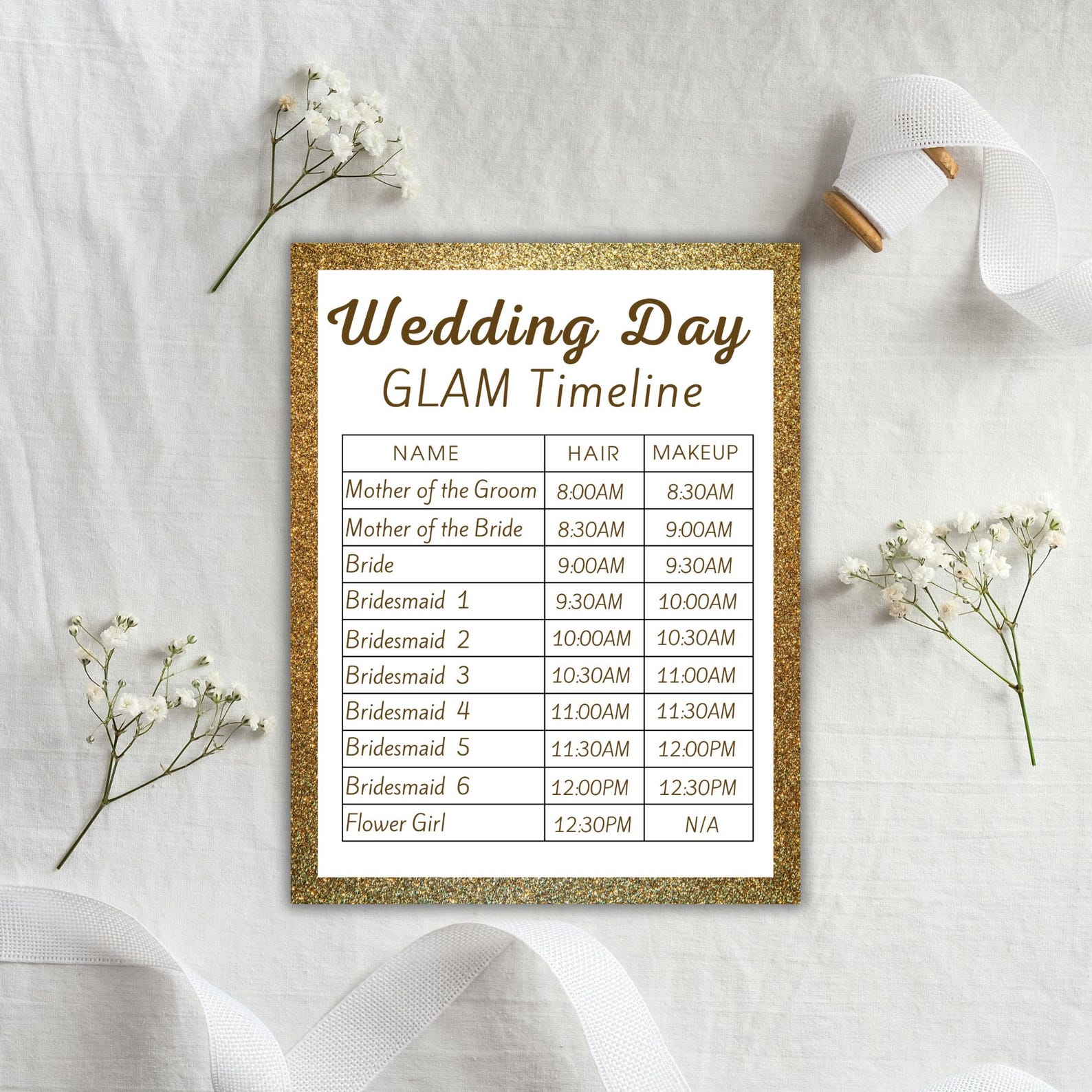 Bridal Hair and Makeup Timeline Wedding Day Gold Wedding Glam Schedule