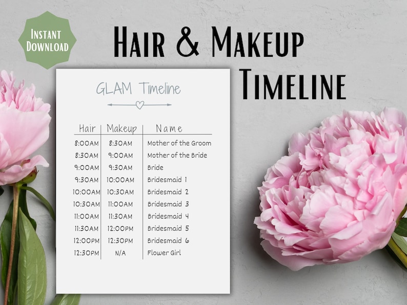 Wedding Party Glam Timeline Printable Wedding Day Itinerary Digital ...