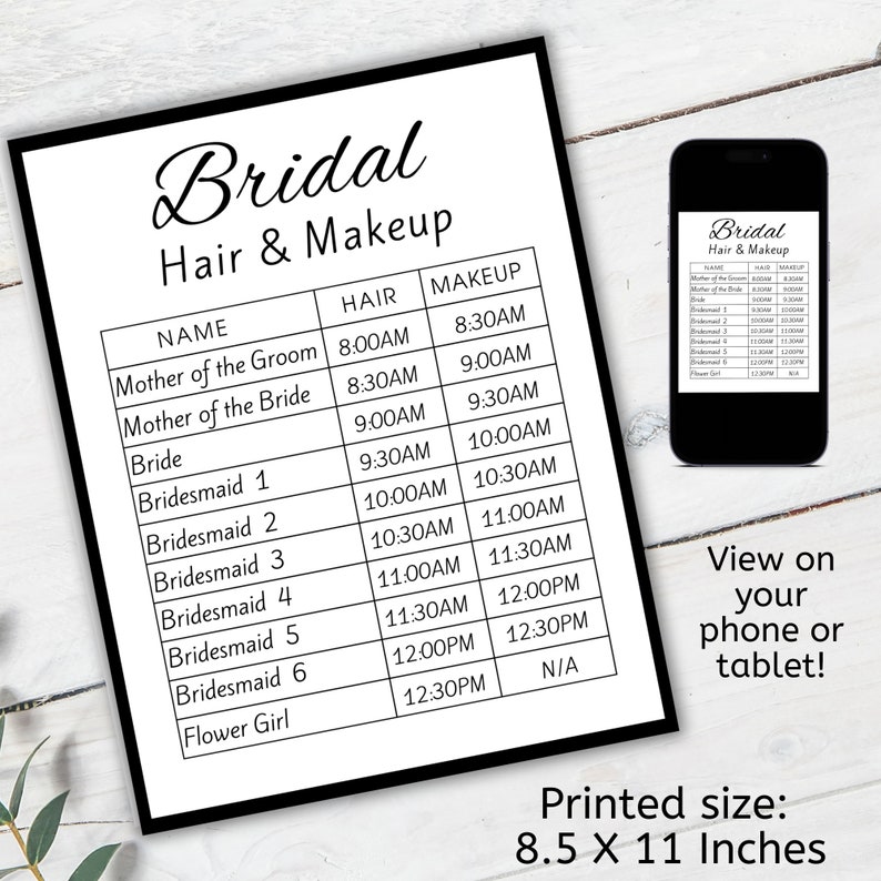 Printable Wedding Day Itinerary Hair Makeup Schedule With Bridal Party ...