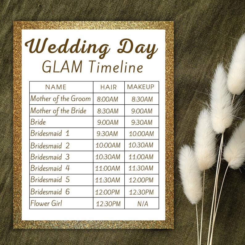 Bridal Hair and Makeup Timeline Wedding Day Gold Wedding Glam Schedule ...