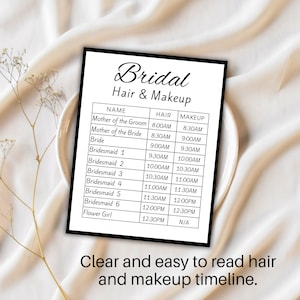 Printable Wedding Day Itinerary Hair Makeup Schedule With Bridal Party ...