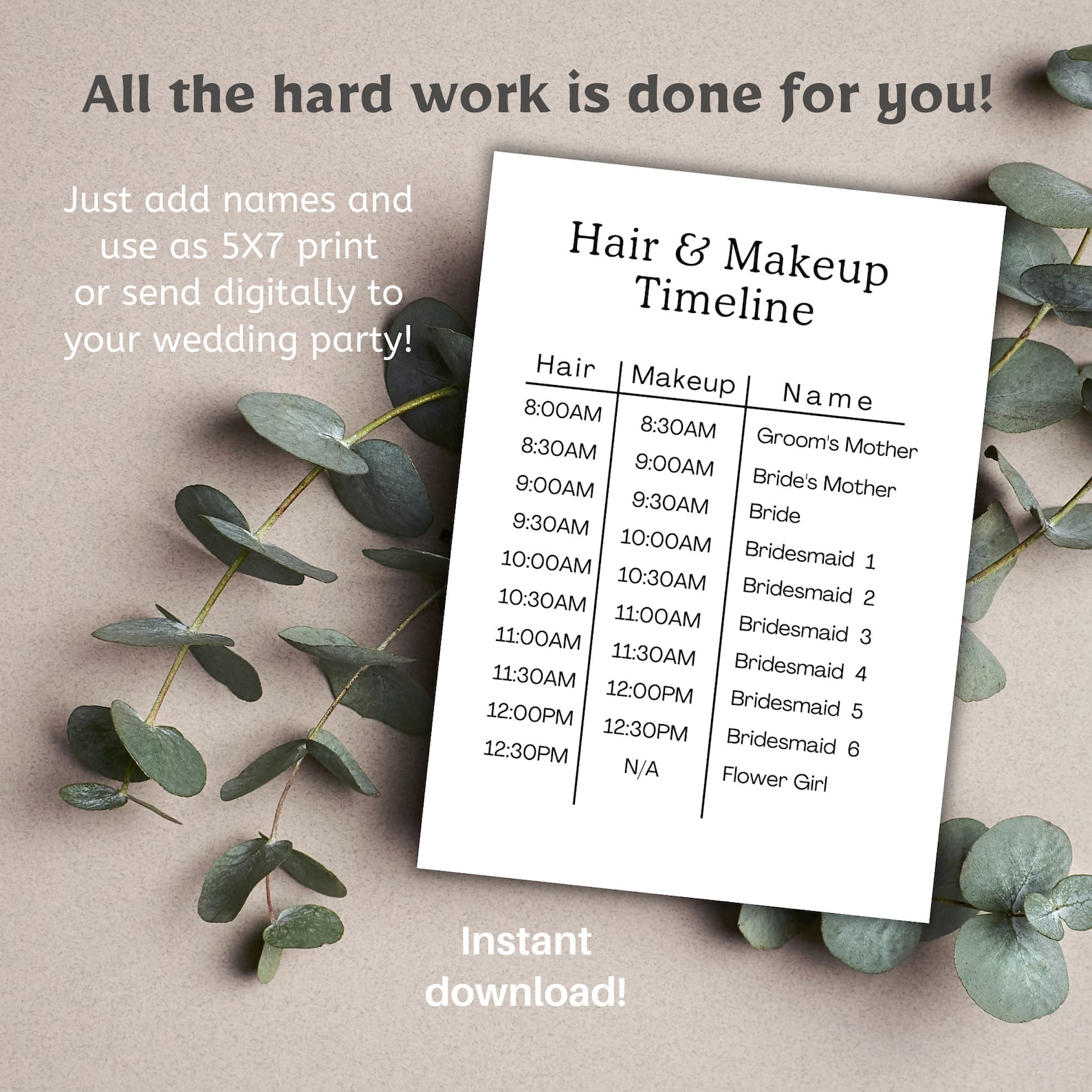 Hair and Makeup Timeline Printable Wedding Planning Wedding Day
