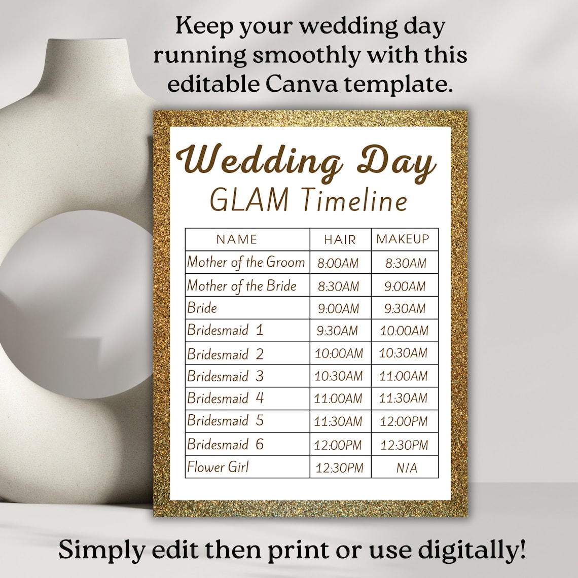 Wedding GLAM Hair and Makeup Timeline Printable Wedding Day Itinerary ...