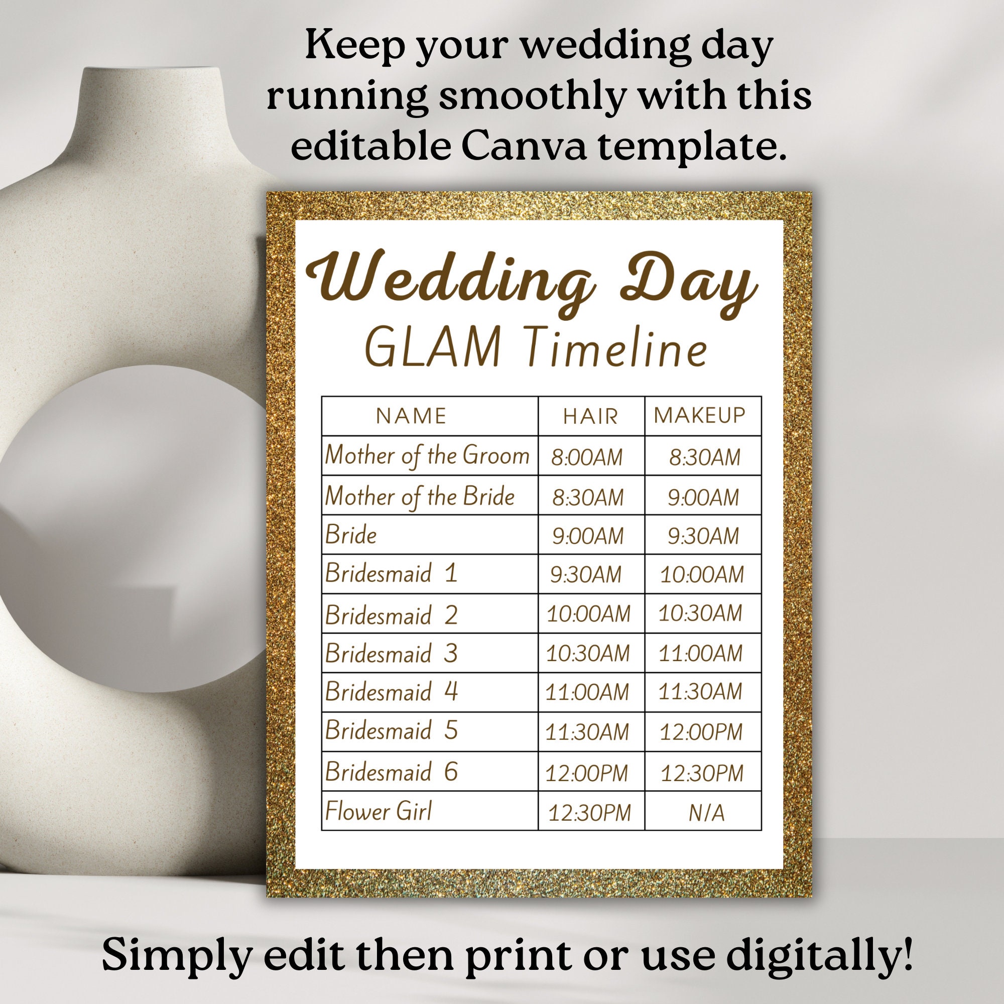 Wedding GLAM Hair and Makeup Timeline Printable Wedding Day Itinerary ...