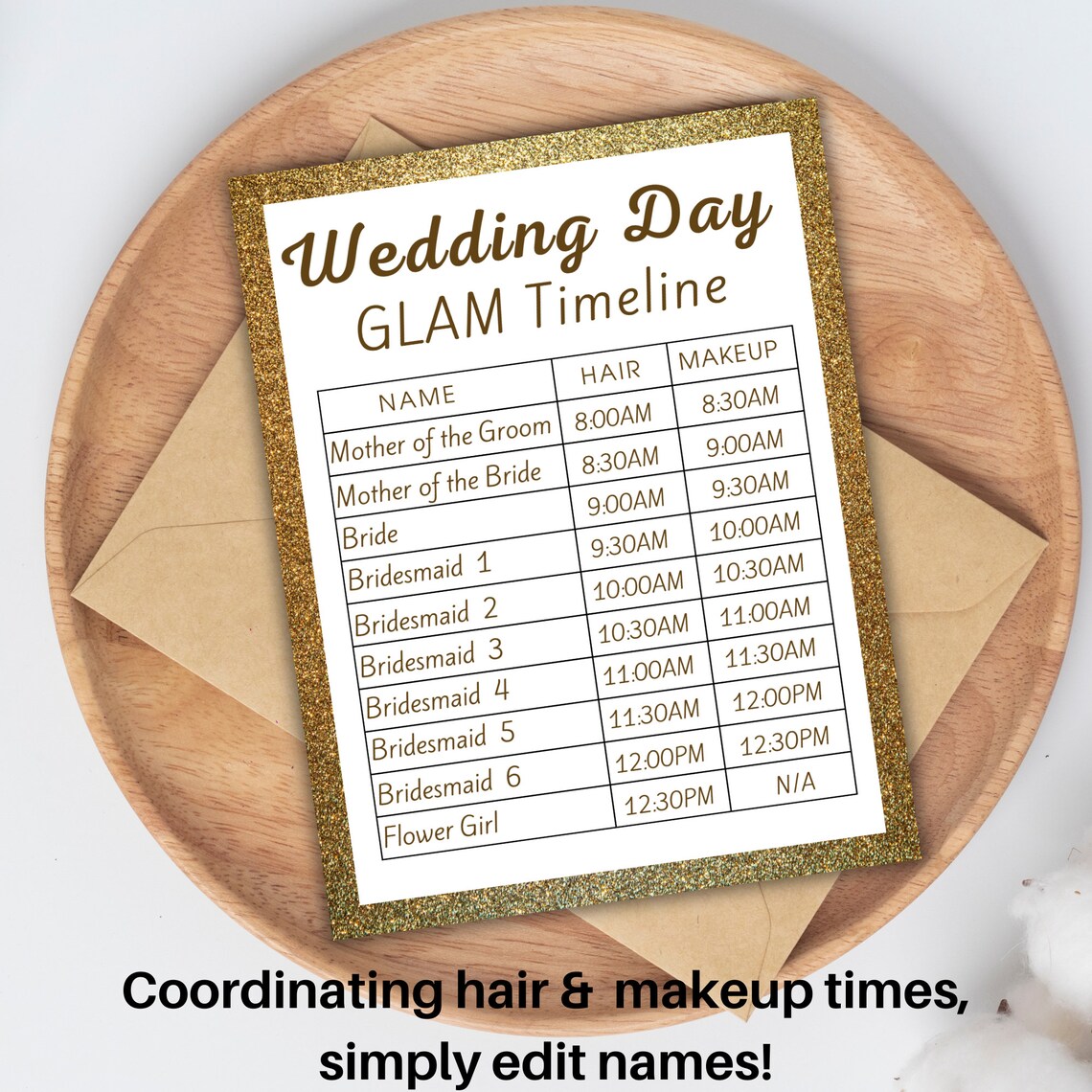 Wedding GLAM Hair and Makeup Timeline Printable Wedding Day Itinerary