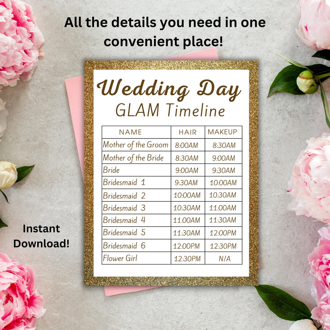 Wedding GLAM Hair and Makeup Timeline Printable Wedding Day Itinerary