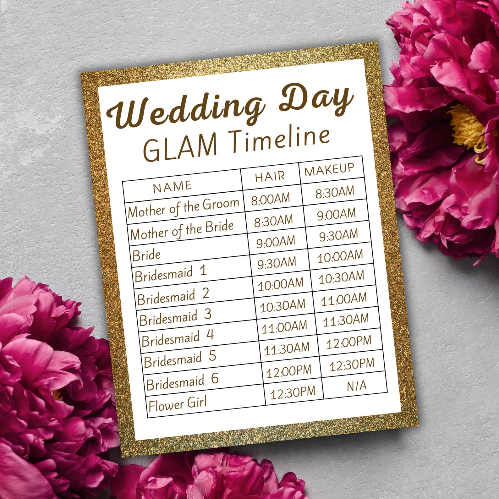 Wedding GLAM Hair and Makeup Timeline Printable Wedding Day Itinerary ...
