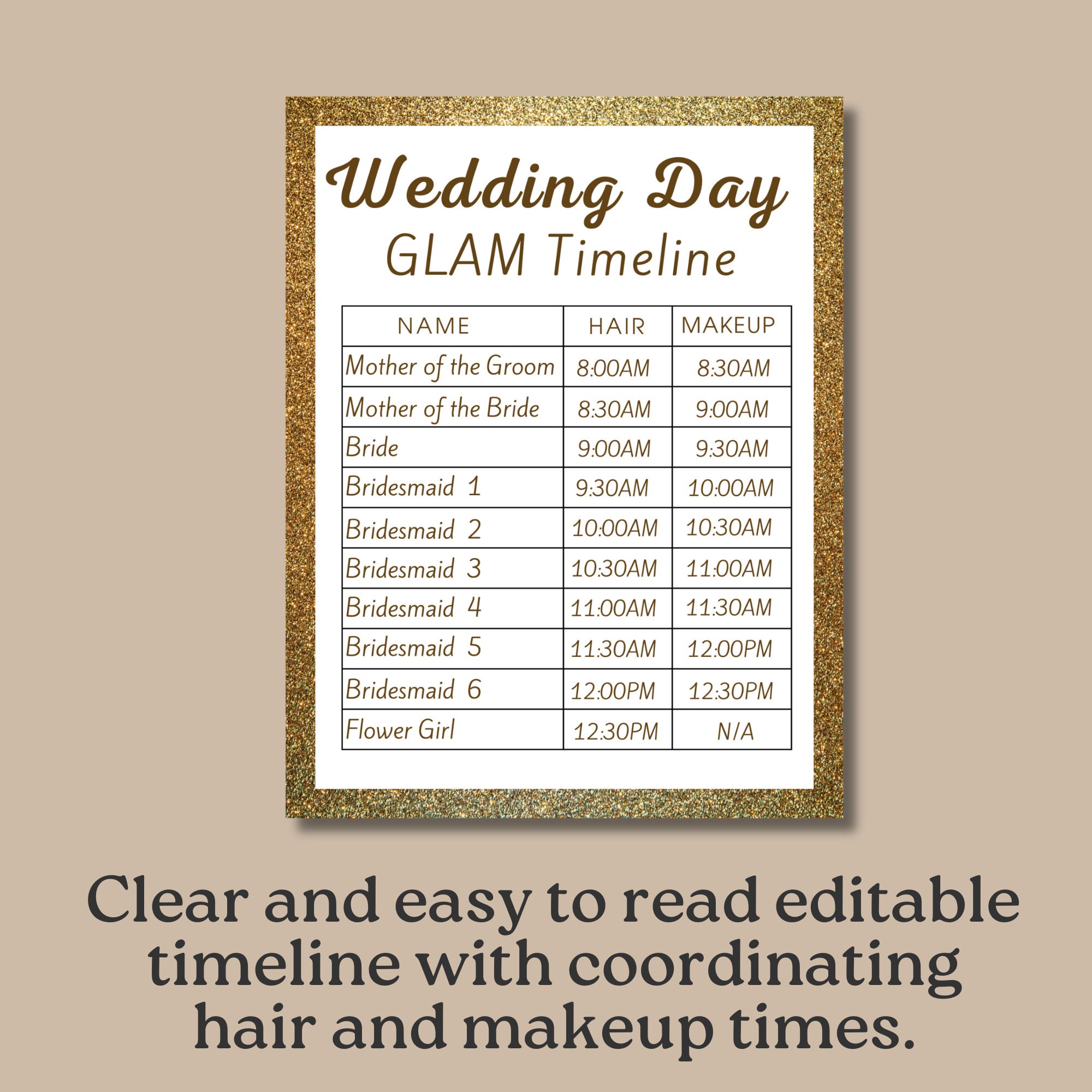 Wedding GLAM Hair and Makeup Timeline Printable Wedding Day Itinerary ...