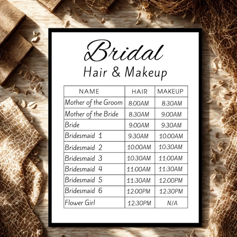 Printable Wedding Day Itinerary Hair Makeup Schedule With Bridal Party ...