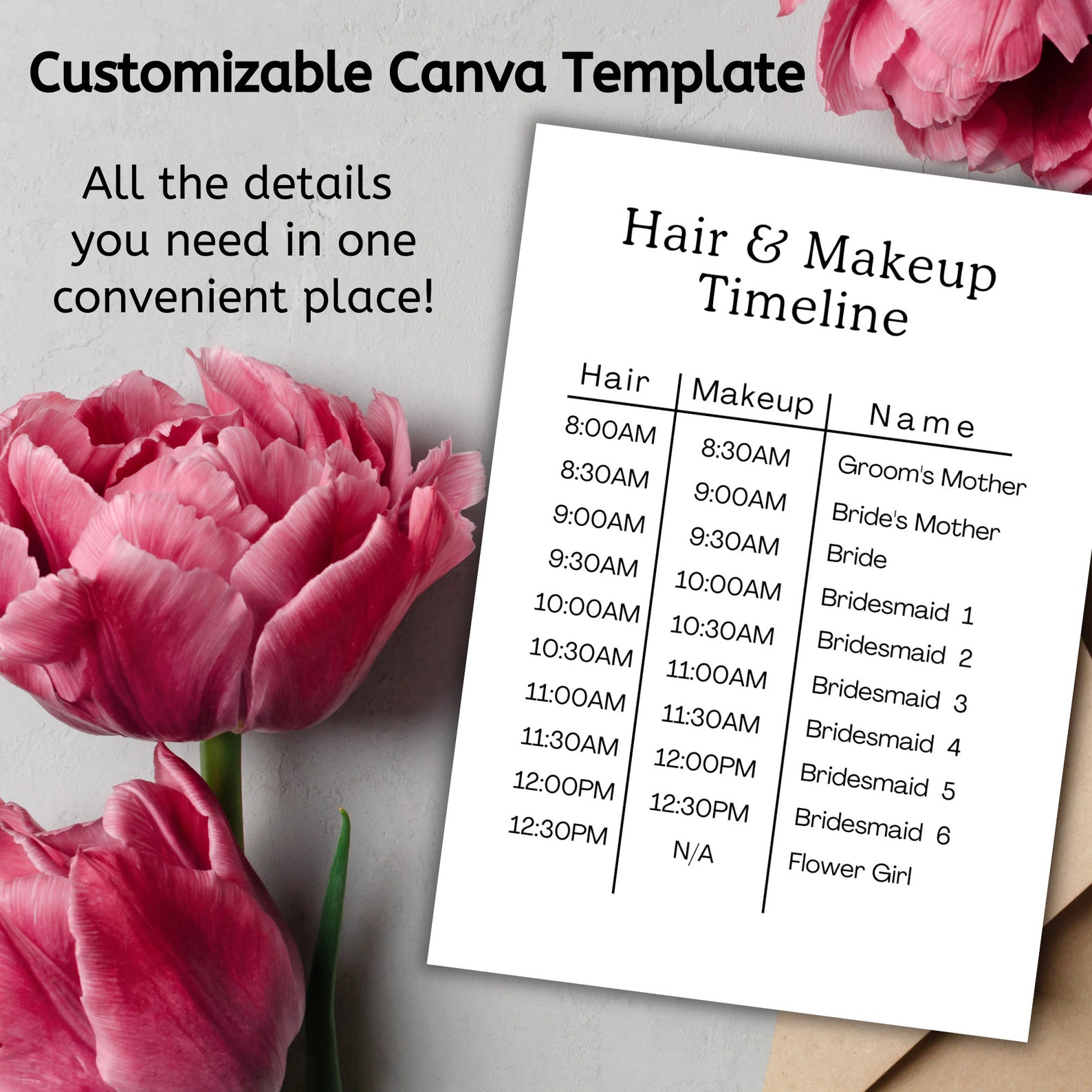 Hair and Makeup Timeline Printable Wedding Planning Wedding Day