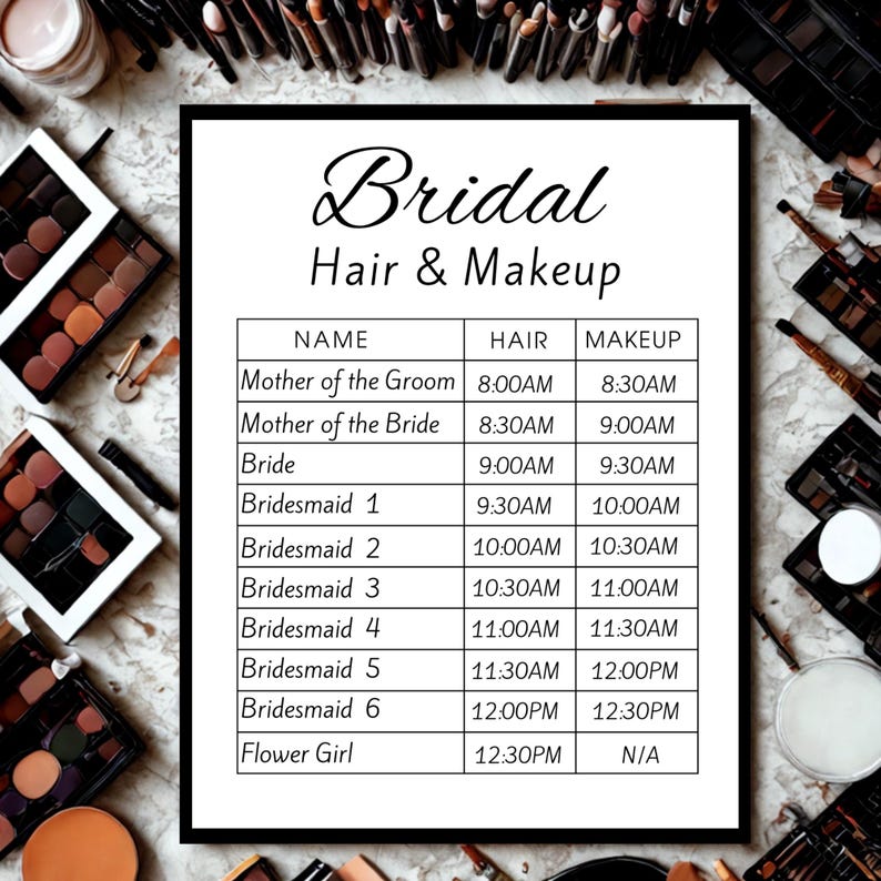 Printable Wedding Day Itinerary Hair Makeup Schedule With Bridal Party ...