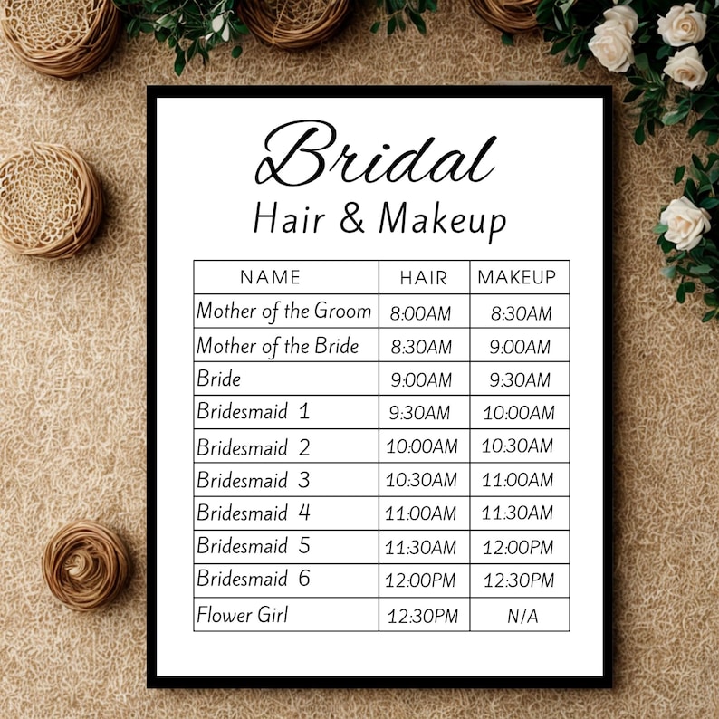 Printable Wedding Day Itinerary Hair Makeup Schedule With Bridal Party ...