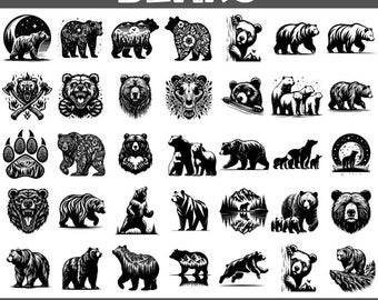 230 Bear SVG PNG Bundle for Cricut and Sublimation, Wild Bear Silhouette Clipart, Grizzly Black Bear Vector Set, Woodland Animal Designs