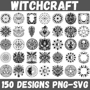 May include: A selection of 150 black and white witchcraft designs. The designs feature moons, stars, eyes, and pentagrams. The word "WITCHCRAFT" is at the top, and "150 DESIGNS PNG-SVG" is at the bottom.