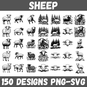 May include: A collection of 150 black and white sheep illustrations in various poses. The illustrations are perfect for crafting projects, scrapbooking, and digital design.