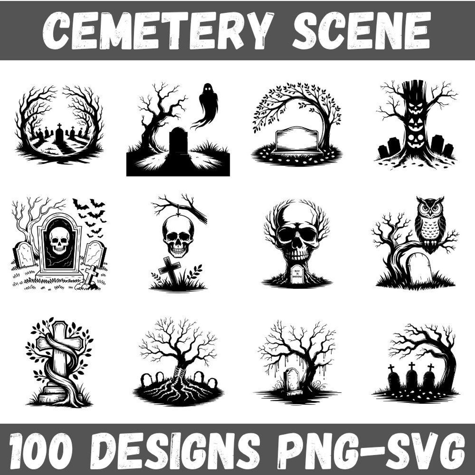Haunted Graveyard Clipart Bundle: 100 Gothic Cemetery Designs (SVG, PNG ...