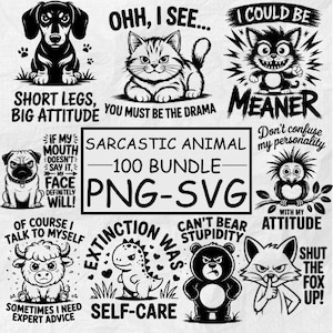 Puede incluir: Colección de gráficos de animales de dibujos animados en blanco y negro con frases humorísticas. Incluye un perro salchicha, un gato, un pug, un búho, un toro, un dinosaurio, un oso y un zorro. Texto: "Sarcastic Animal - 100 Bundle - PNG-SVG."