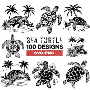 Könnte beinhalten: Ein Set mit 100 Schwarzweiß-Designs von Meeresschildkröten, die verschiedene Posen und Blumenmuster zeigen. Die Designs sind perfekt für Basteln, Scrapbooking und andere kreative Projekte. Der Text "SEA TURTLE 100 DESIGNS SVG-PNG" wird in der Mitte des Bildes angezeigt.