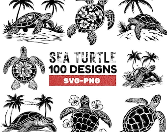 May include: A set of 100 black and white sea turtle designs, featuring various poses and floral patterns. The designs are perfect for crafting, scrapbooking, and other creative projects.  The text "SEA TURTLE 100 DESIGNS SVG-PNG" is displayed in the center of the image.
