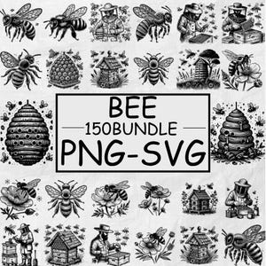 Könnte beinhalten: Ein schwarz-weißes Illustrationspaket mit Bienen, Bienenstöcken und Imkern. Der Text in der Mitte lautet "BEE 150 BUNDLE PNG-SVG". Die Bilder zeigen verschiedene Bienendesigns, Bienenstöcke und Imkerszenen.