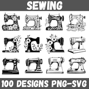 Può includere: Un set di 10 illustrazioni di macchine da cucire in bianco e nero con motivi floreali. Le illustrazioni sono perfette per progetti di artigianato, scrapbooking e design digitale.