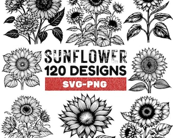 Paquete SVG de girasoles: 120 diseños florales de arte lineal (PNG, vector)