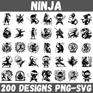May include: A collection of 30 black and white ninja-themed designs. The word "NINJA" is at the top. The bottom of the image reads "200 DESIGNS PNG-SVG". The designs include ninjas with swords, throwing stars, and in various action poses.
