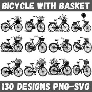 Bicycle with Basket SVG Bundle, 130 Vintage Bike PNG Designs with Flowers, Retro Bicycle Clipart for Cricut, Sublimation, Laser Cutting