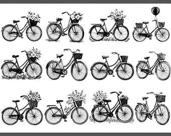 Vintage Bicycle with Flowers SVG Bundle: Retro Bike Clipart (130 PNG & SVG)