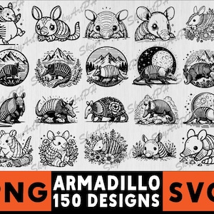 May include: A set of 150 black and white armadillo SVG and PNG designs. The designs feature armadillos in various poses, including walking, standing, and curled up in a ball. Some designs feature armadillos in nature scenes, such as in a forest or on a moon.