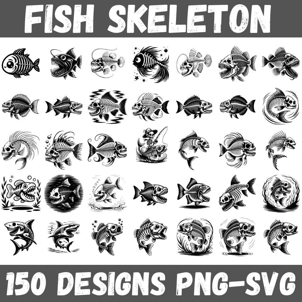 Fish Skeleton Clipart Bundle: Vintage Tattoo Designs (PNG, SVG Files)