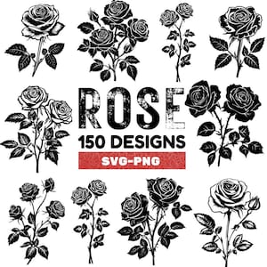May include: A collection of 150 black and white rose designs in SVG and PNG format. The designs feature various rose styles, including single roses, bouquets, and intricate floral arrangements.