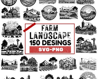 Farm Landscape SVG PNG Design Bundle | Rustic Farmhouse Scenes Clipart Collection | Ideal for Wall Art, Farm Svg , Stickers & Crafts
